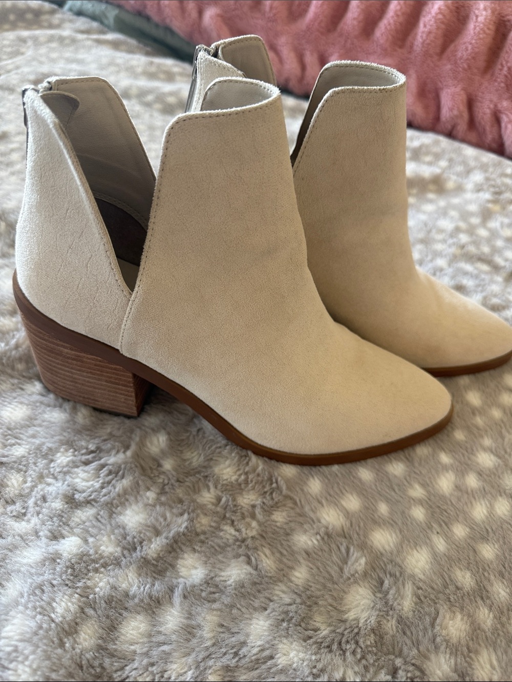 Women’s Cream Suede Ankle Boots - Chic Cutout Heel